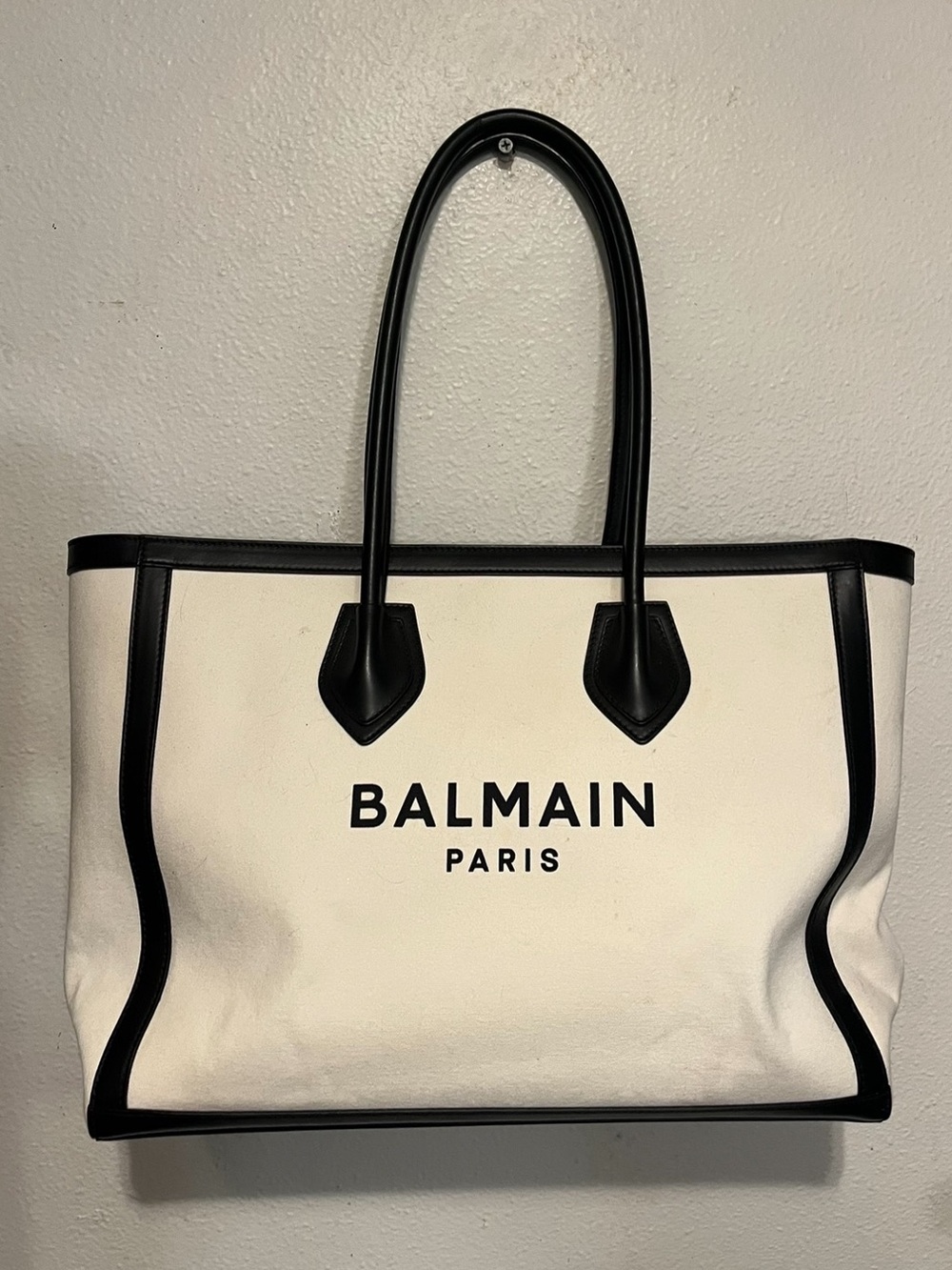 BALMAIN Paris B-Army 42 Canvas & Leather Large Tote Bag White Black - EUC